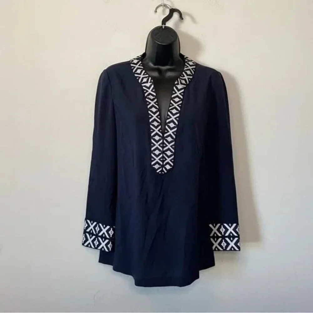 Tory Burch Ariana Navy Embroidered Tunic